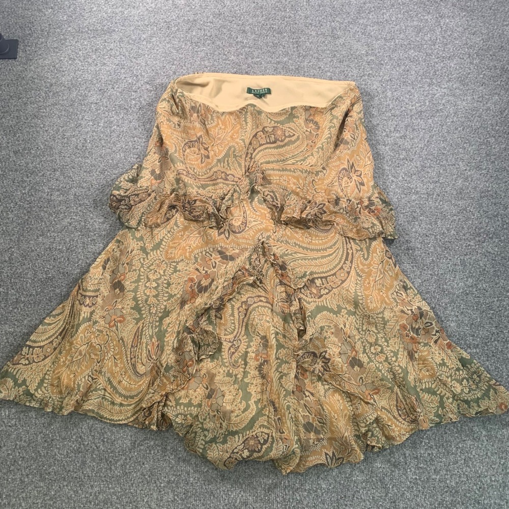 Lauren Ralph Lauren Silk Paisley Ruffle Tiered Midi Skirt Tan Green Brown Large